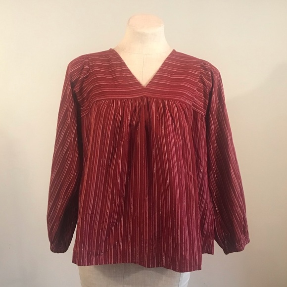 Madewell NEW Womens Red Stripe Peasant Shirt NWT V Neck - Picture 2 of 11